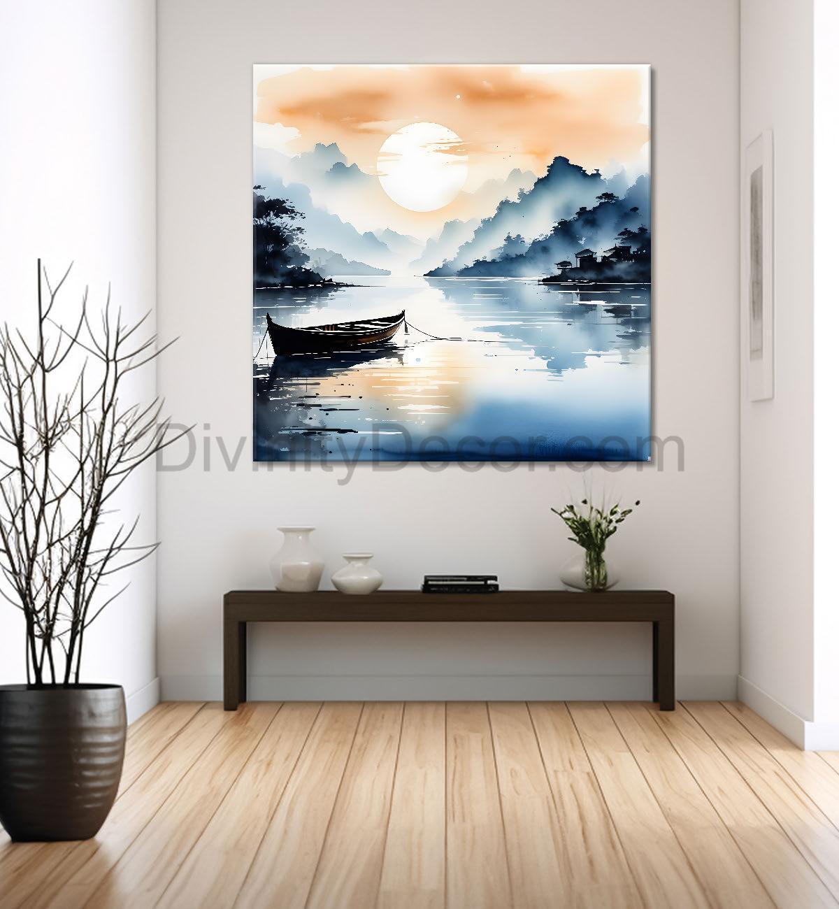 Mountains and the river with tree water colour painting 24X24- Nature Art -S-75