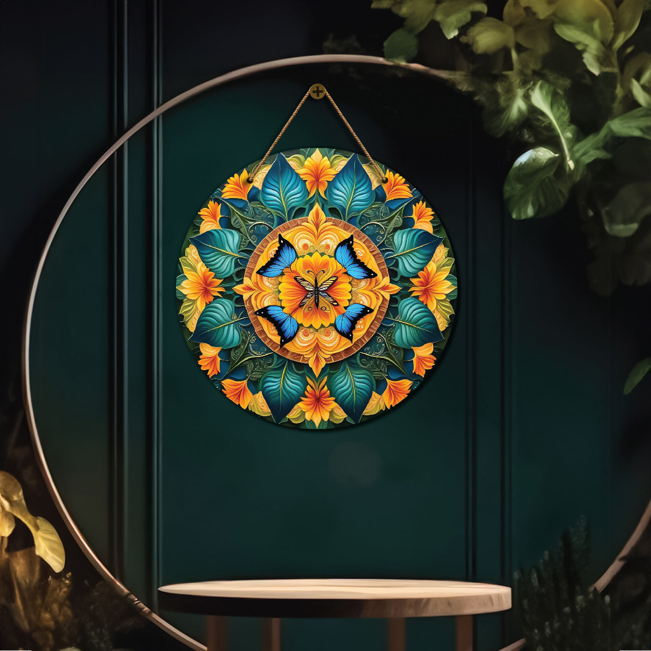 Butterfly in orange and green mandala Round Wooden Wall Hanging for wall Décor - Design - 75