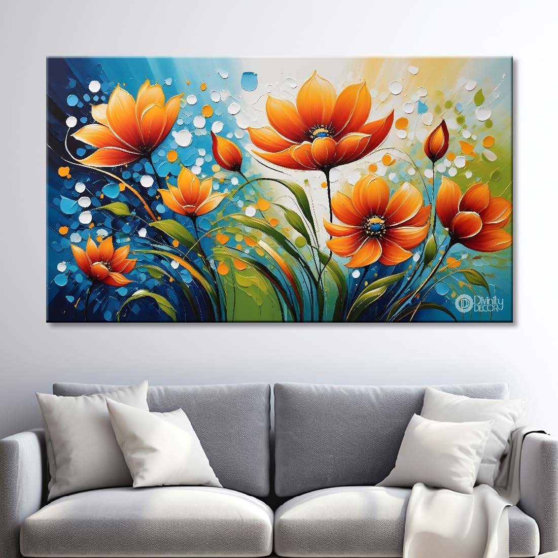 Orange flowers with blue textured background textured painting- Design - Flower-76