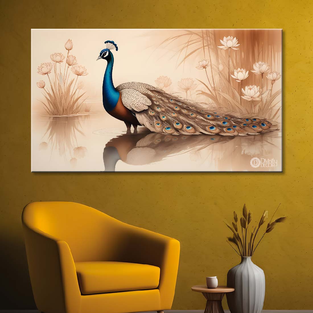 Peacock with light brown background textured art. - Design - Animal -76