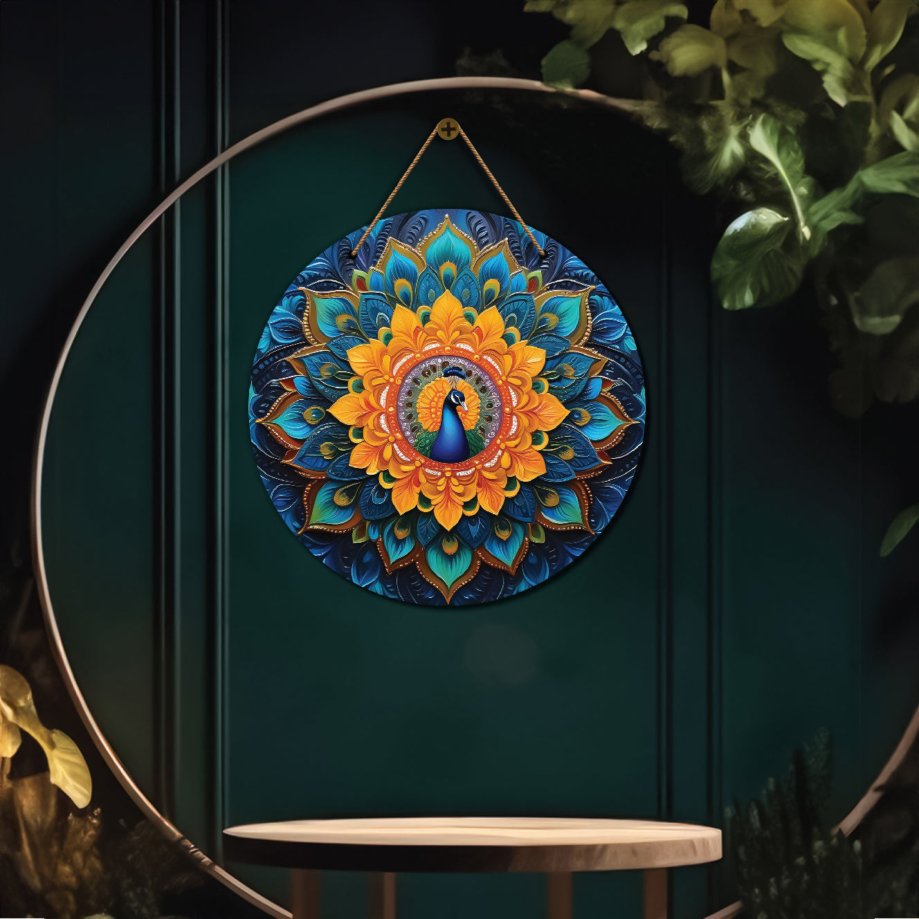 Peacock in orange and green mandala Round Wooden Wall Hanging for wall Décor - Design - 76