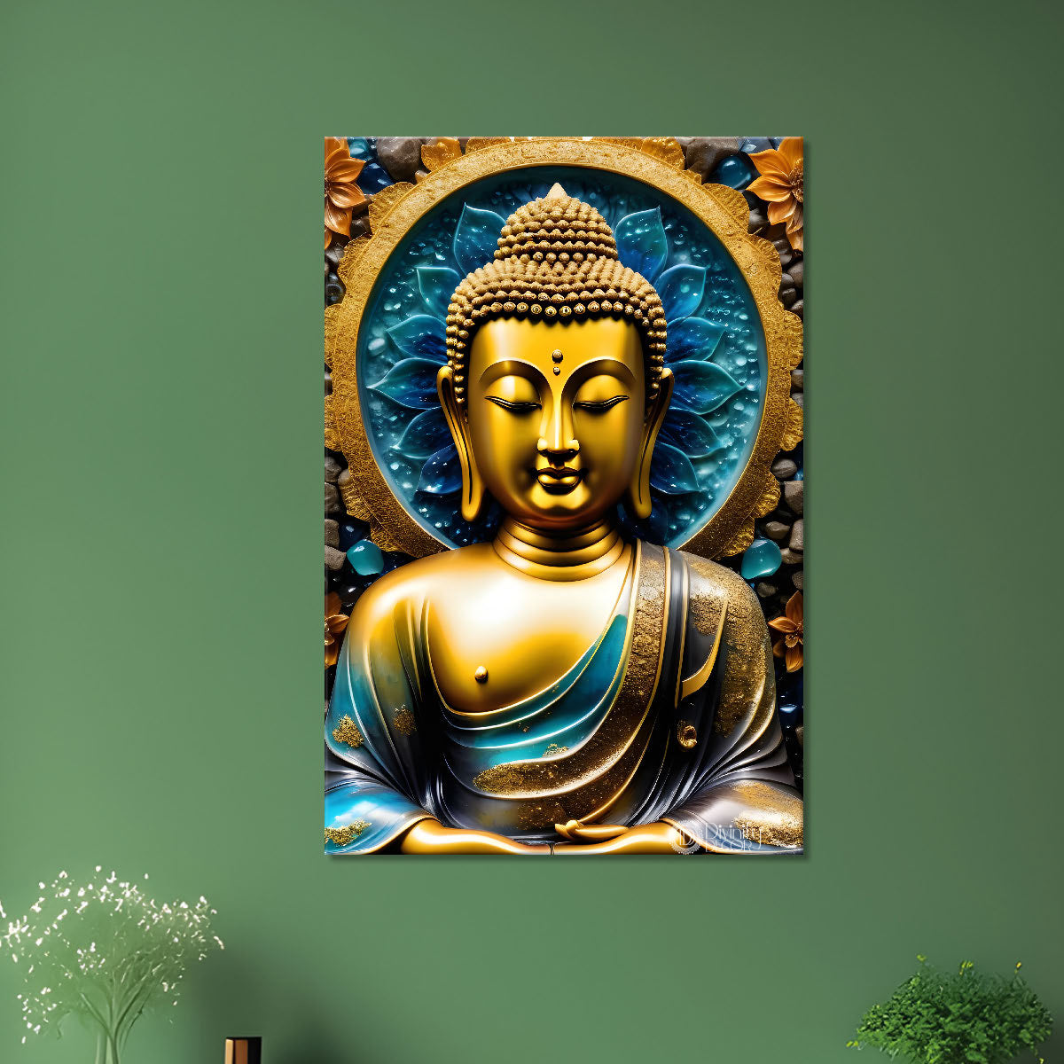 Golden buddha with lue and golden chakra textured painting - Buddha-V-77