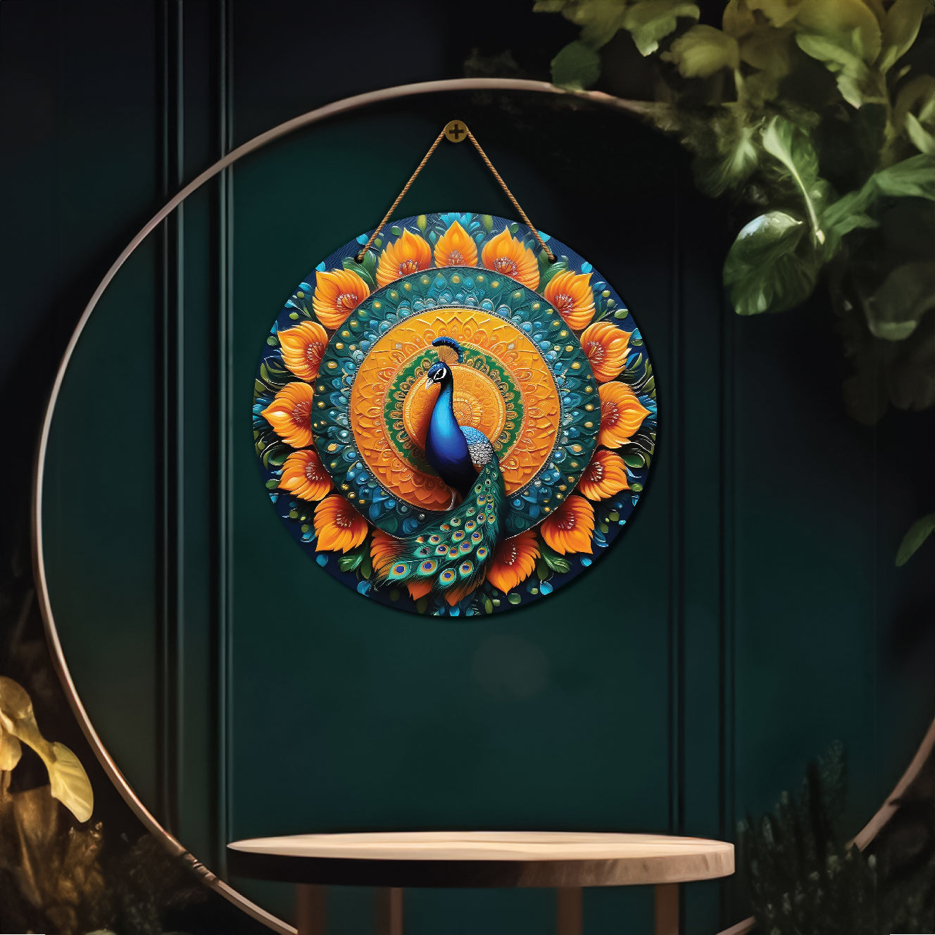 Peacock in orange and green mandala Round Wooden Wall Hanging for wall Décor - Design - 77