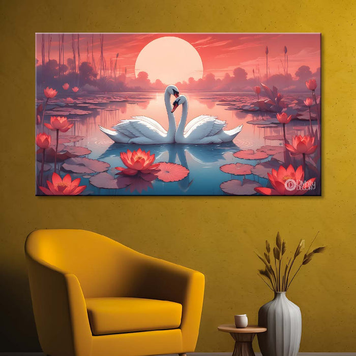 Two swans in the pond with sunrise and red background textured art. - Design - Animal - 77