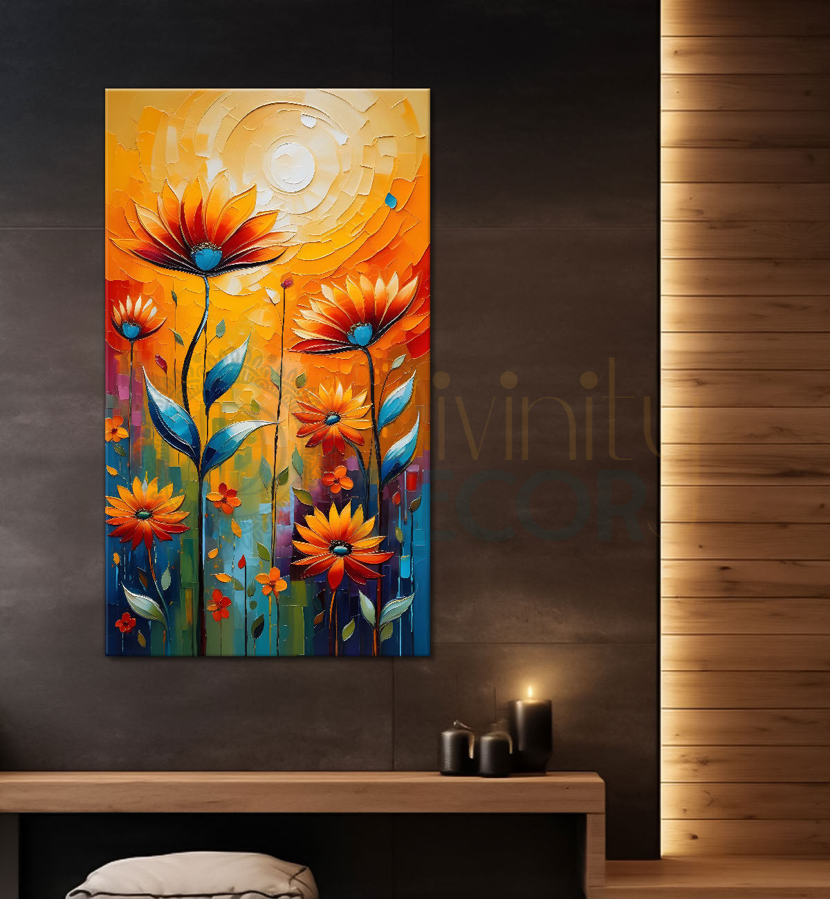 Orange flowers in orange textured background painting - Flower-V-77