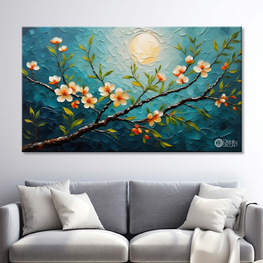 White flowers with blue textured background painting- Design - Flower-78