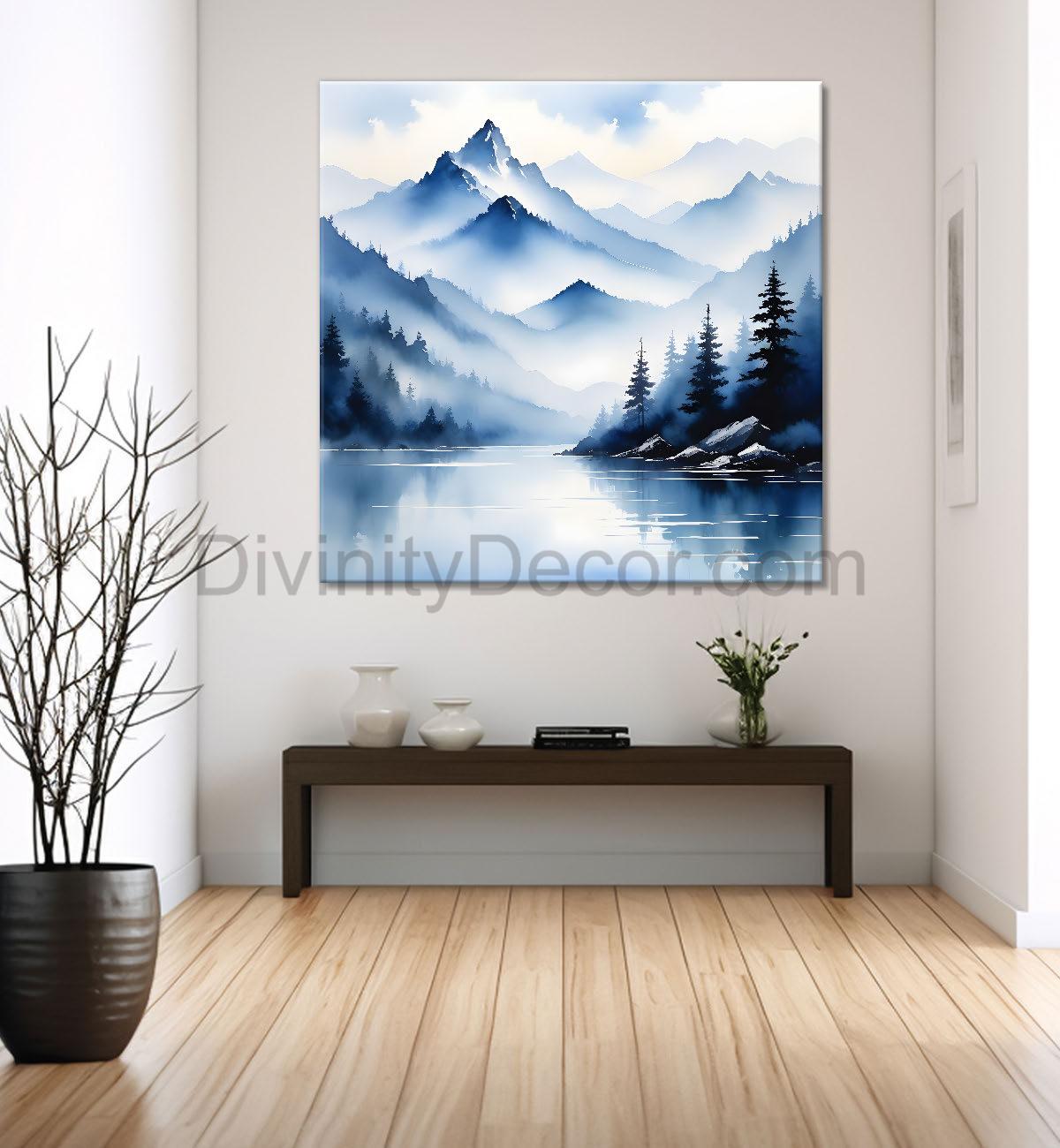 Mountains and the river with tree water colour painting 24X24- Nature Art -S-78