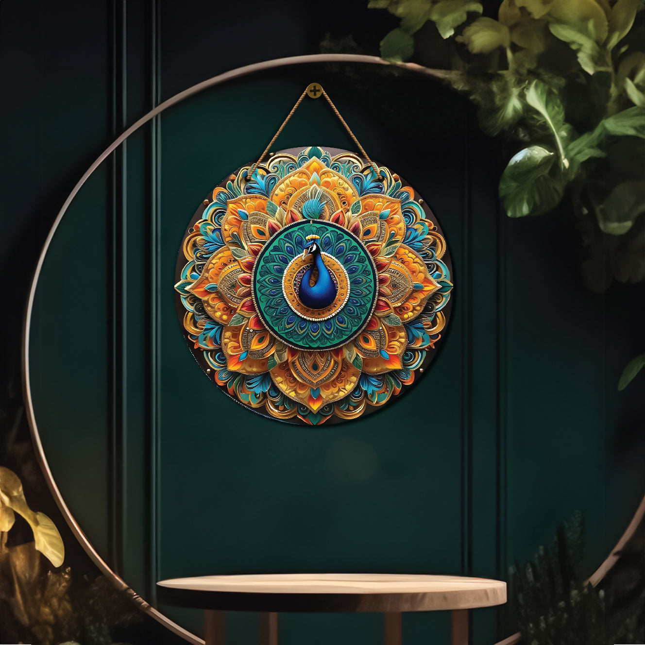 Peacock in orange and green mandala Round Wooden Wall Hanging for wall Décor - Design - 78