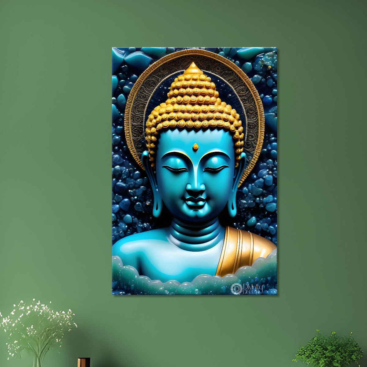 Blue face buddha with blue textured painting - Buddha-V-78