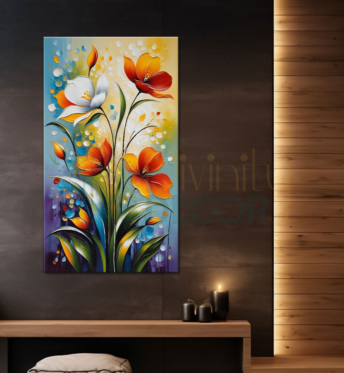 Orange and white flowers in blue textured background painting - Flower-V-78