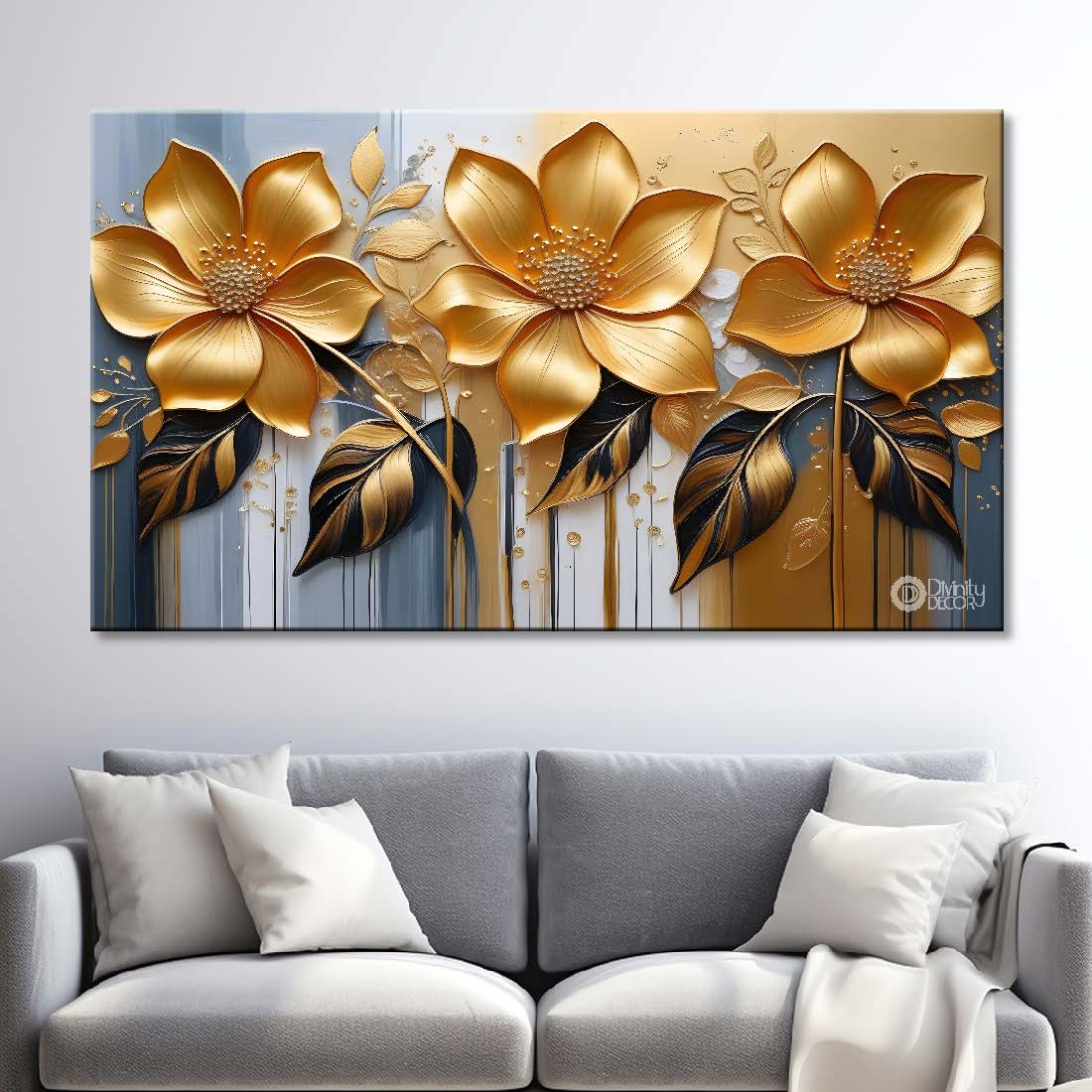 Golden flowers with white textured background painting- Design - Flower-79