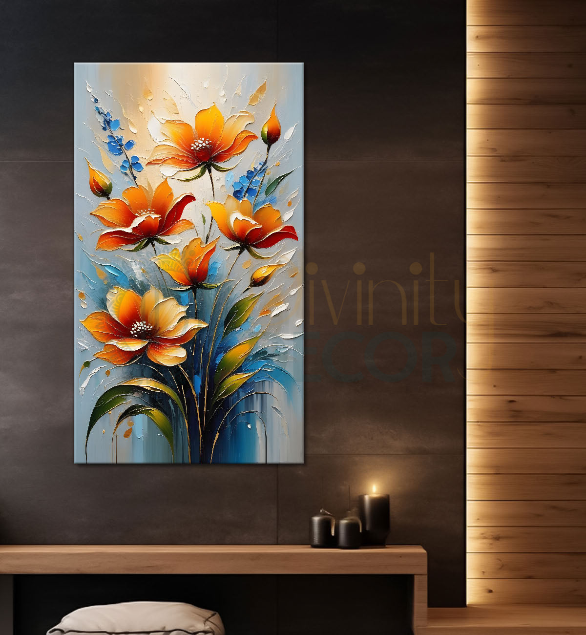 Orange flowers in grey textured background painting - Flower-V-79