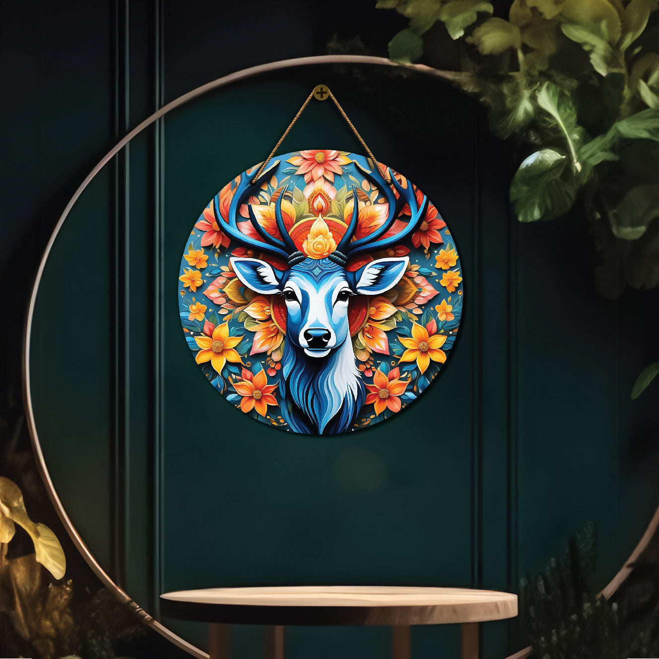 Deer in floral and green mandala Round Wooden Wall Hanging for wall Décor - Design - 79