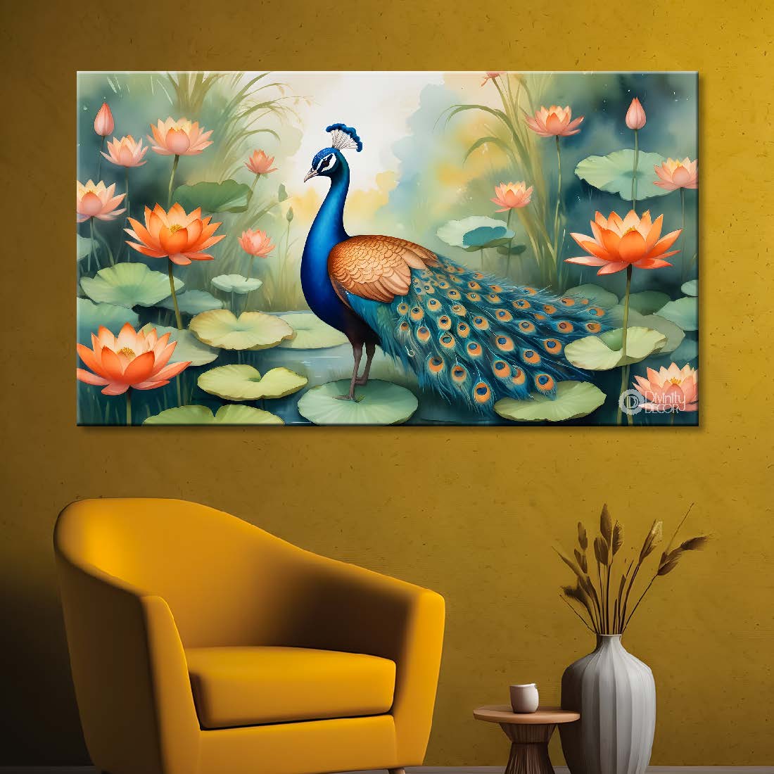 Peacock with orange lotus and green background textured art. - Design - Animal -79