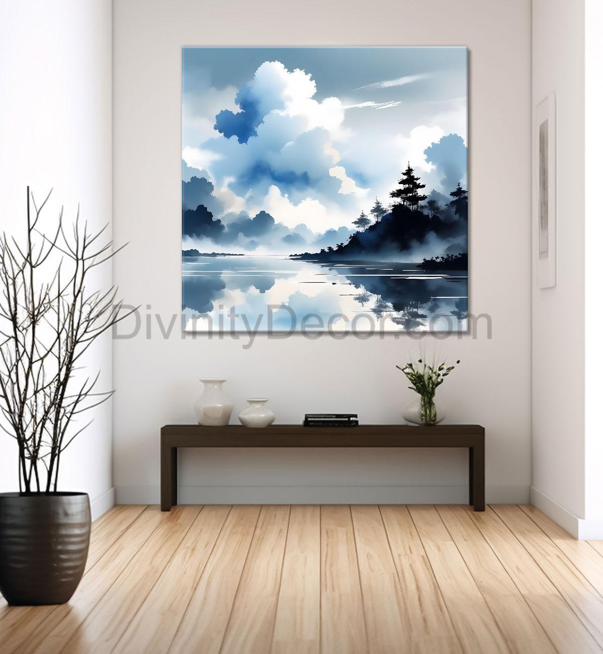 Mountains and the river with tree water colour painting 24X24- Nature Art -S-79