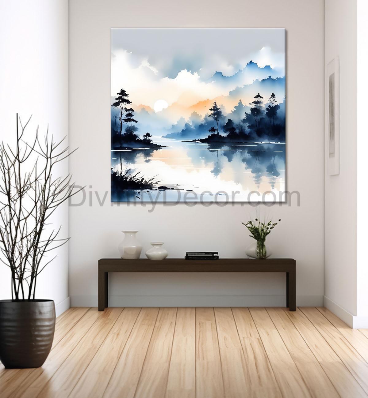 Mountains and the river with tree water colour painting 24X24- Nature Art -S-80