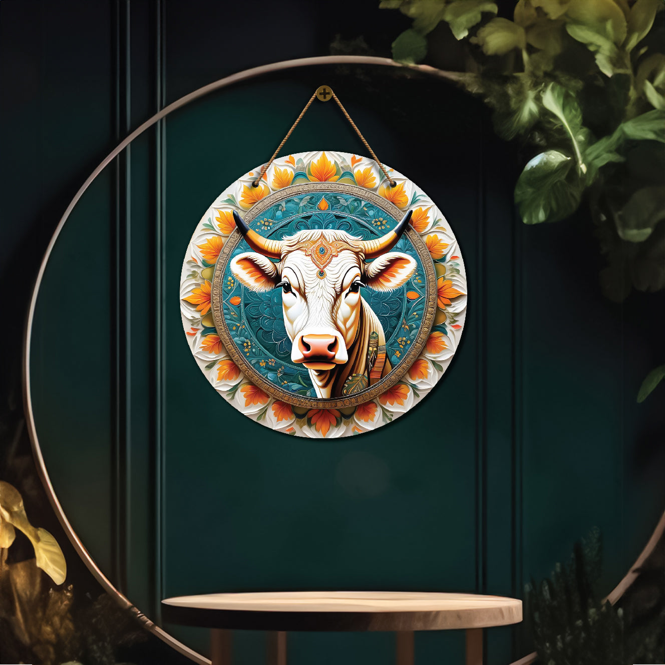 Cow in blue and orange mandala Round Wooden Wall Hanging for wall Décor - Design - 80