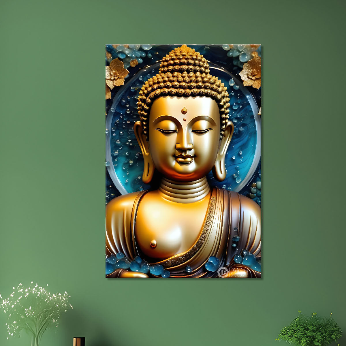 Golden buddha with blue textured painting - Buddha-V-80
