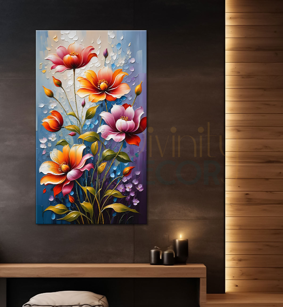 Orange and purple flowers in grey textured background painting - Flower-V-80