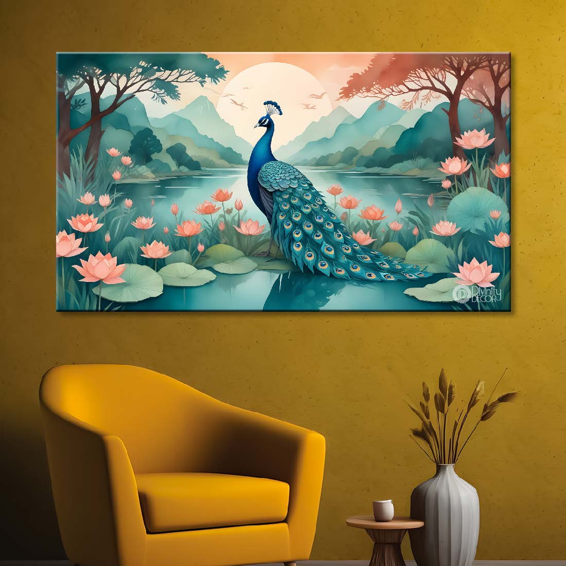 Peacock with lotus and trees in a fog background textured art. - Design - Animal -81