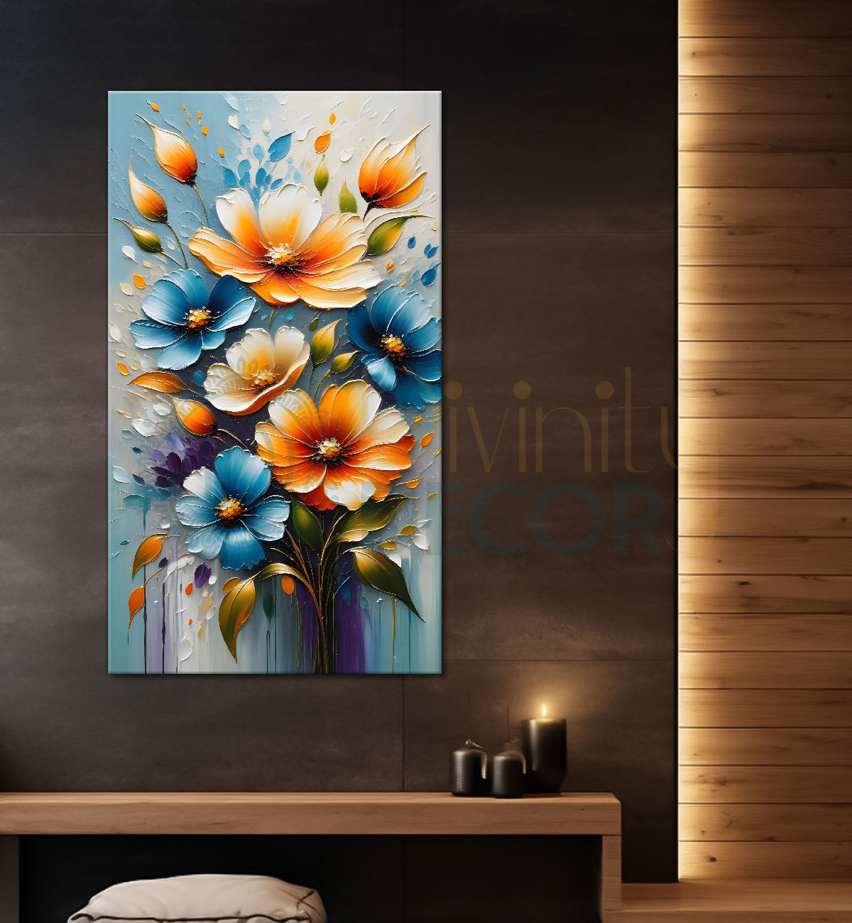 Orange and blue flowers in grey textured background painting - Flower-V-81