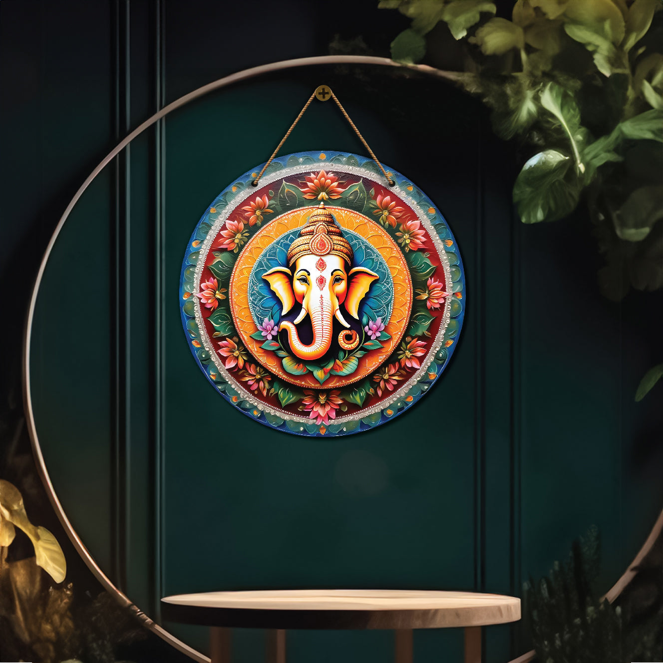Ganesh Ji in orange and blue mandala Round Wooden Wall Hanging for wall Décor - Design - 81