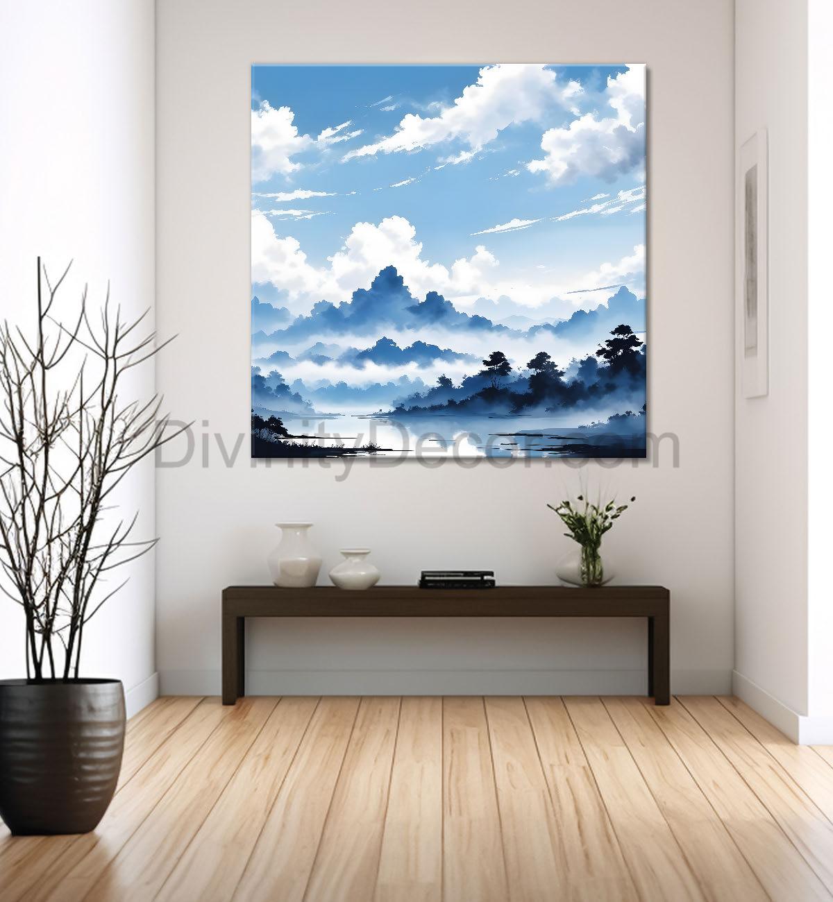 Mountains and the river with tree water colour painting 24X24- Nature Art -S-82