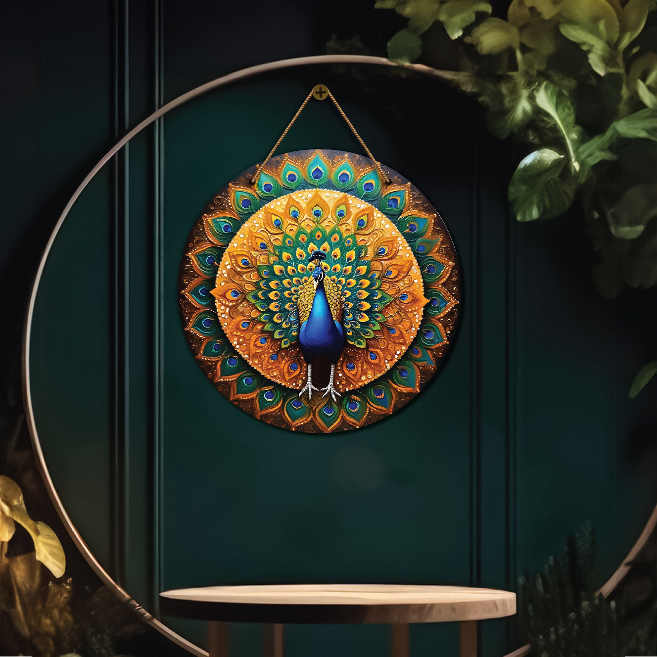 Peacock in yellow and green mandala Round Wooden Wall Hanging for wall Décor - Design - 82