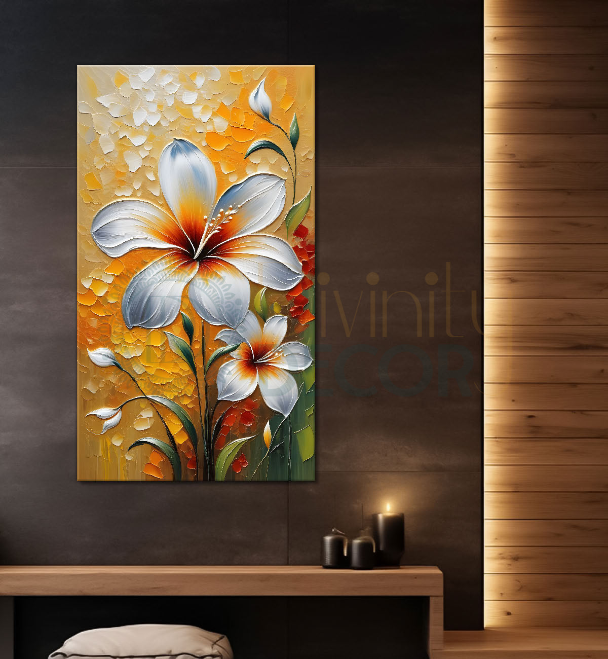 White flowers with yellow textured background painting - Flower-V-82