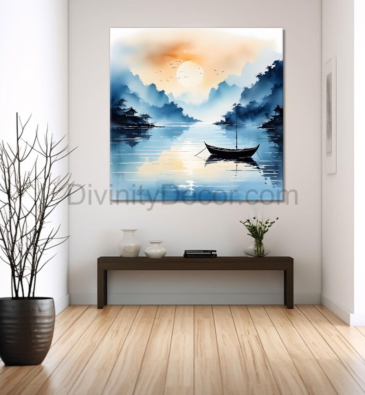 Mountains and the river with tree water colour painting 24X24- Nature Art -S-83