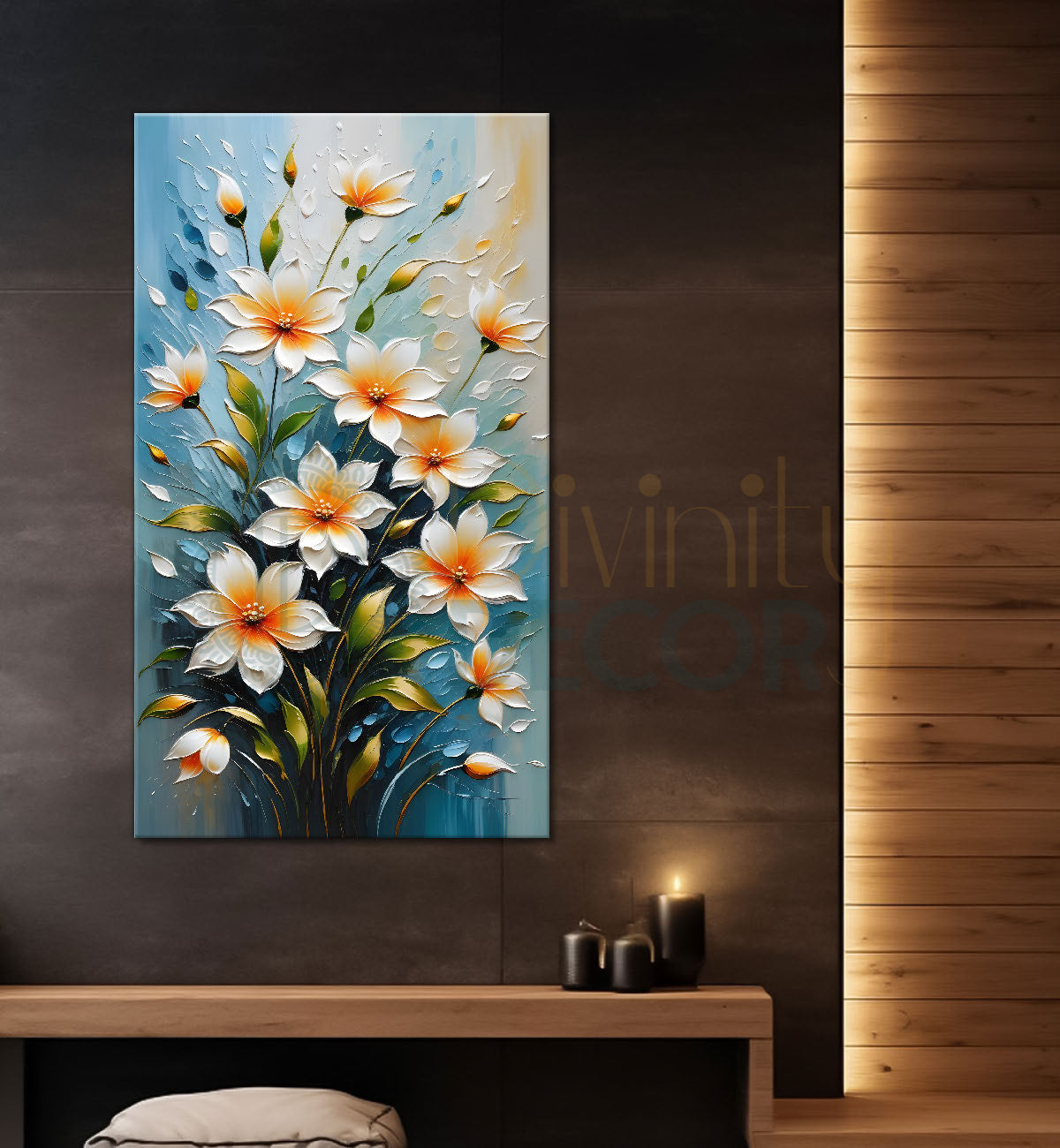 White flowers with blue textured background painting - Flower-V-83
