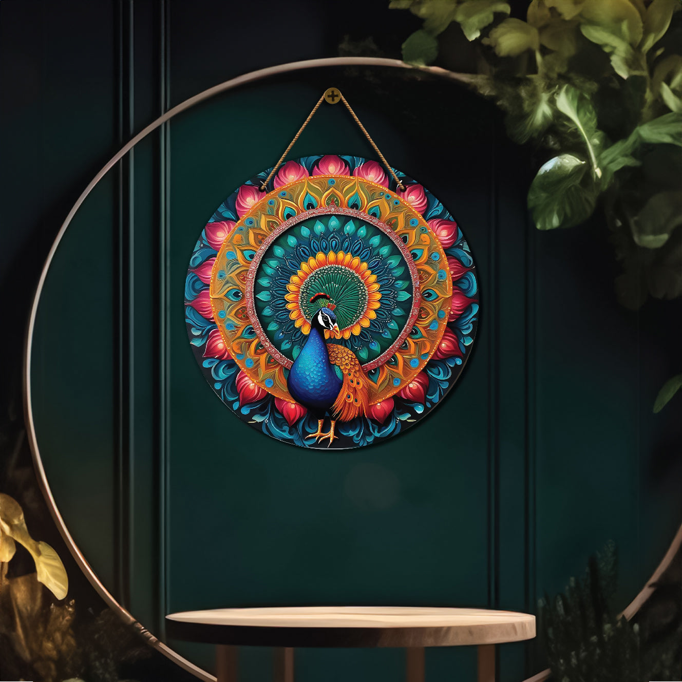 Peacock in blue and floral mandala Round Wooden Wall Hanging for wall Décor - Design - 83