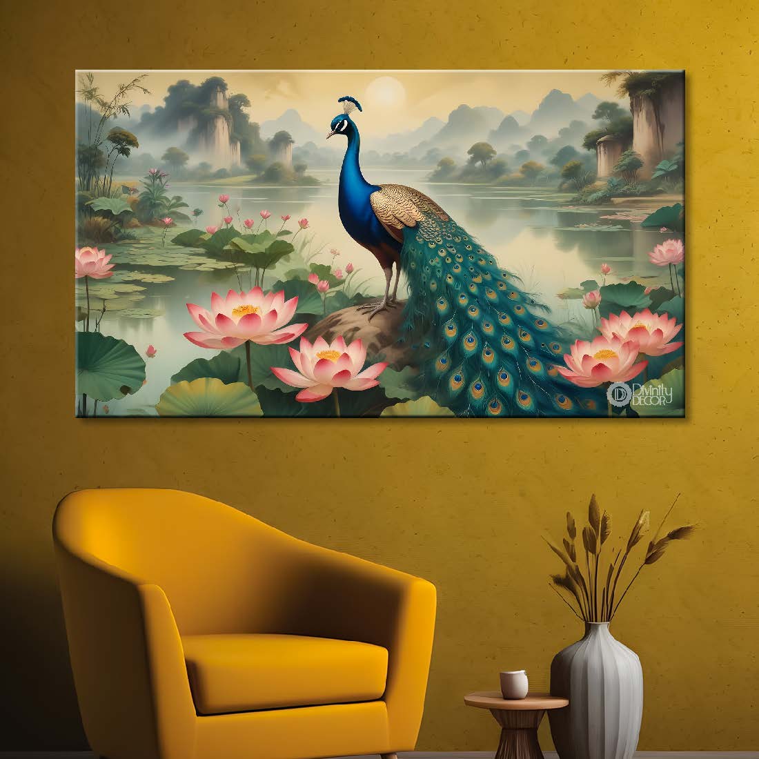 Peacock with lotus in green and fog background textured art. - Design - Animal -83