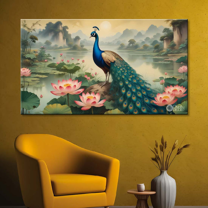 Peacock with lotus in green and fog background textured art. - Design - Animal -83