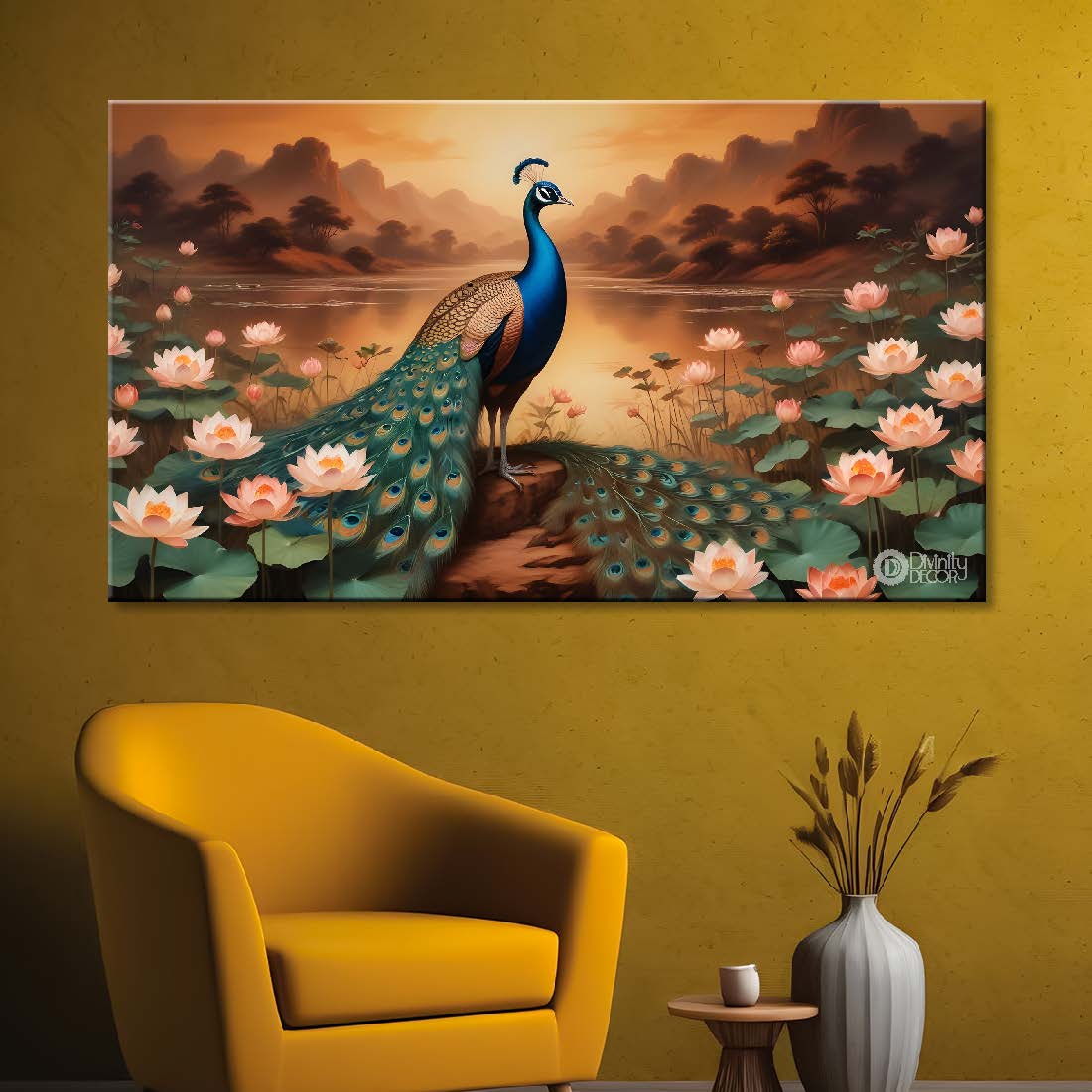 Peacock with white lotus in brown background textured art. - Design - Animal -84
