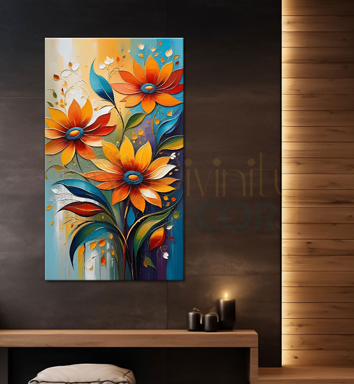 Orange flowers in grey textured background painting - Flower-V-84