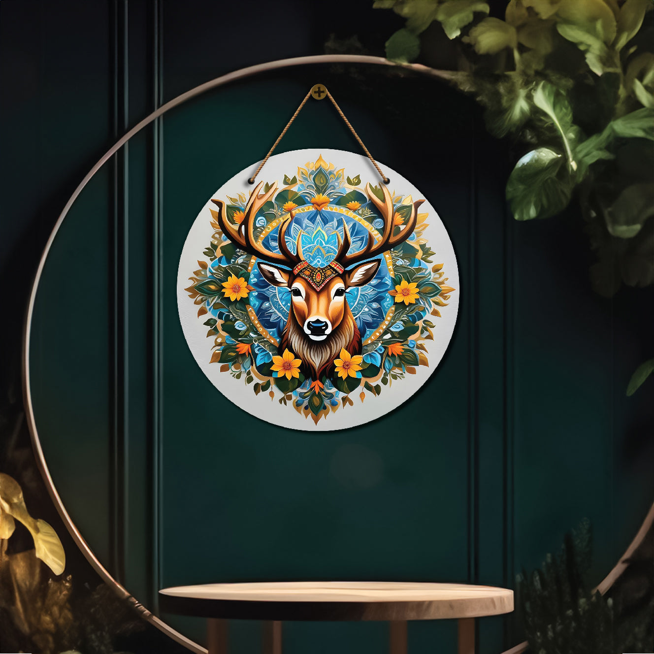 Deer in floral mandala Round Wooden Wall Hanging for wall Décor - Design - 84