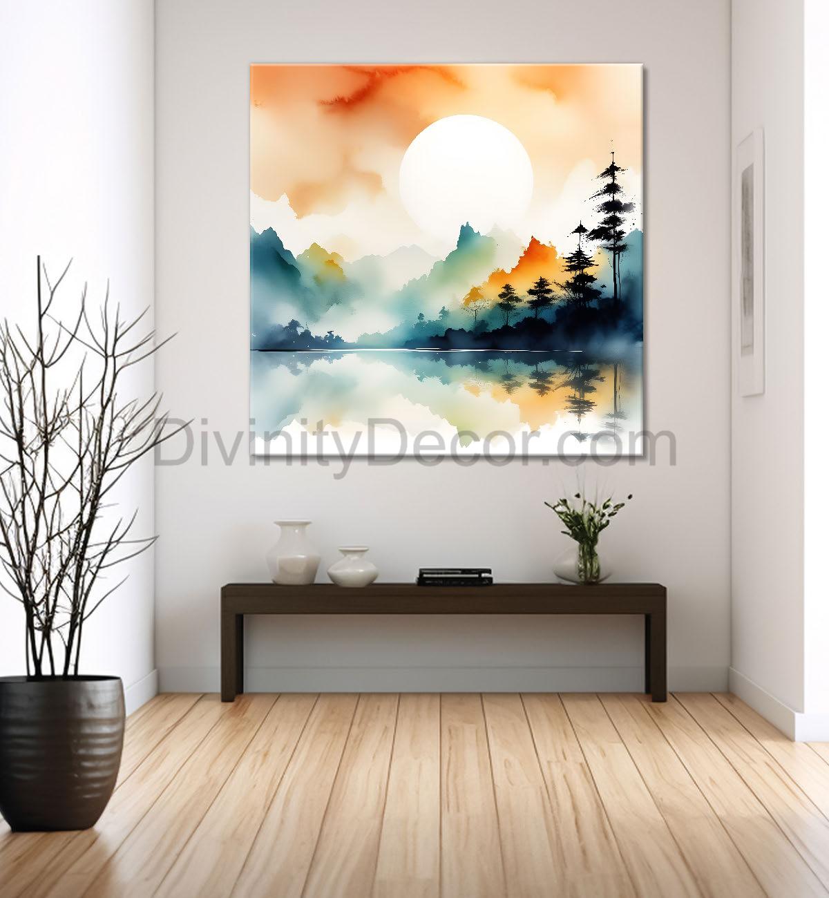 Mountains with sun and trees water colour painting 24X24 - Nature Art -S-84