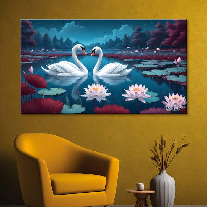 Two white Swans in the pond in blue textured background art. - Design - Animal - 85