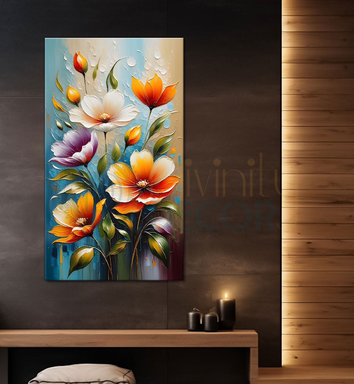Colourful flowers in light blue textured painting - Flower-V-85