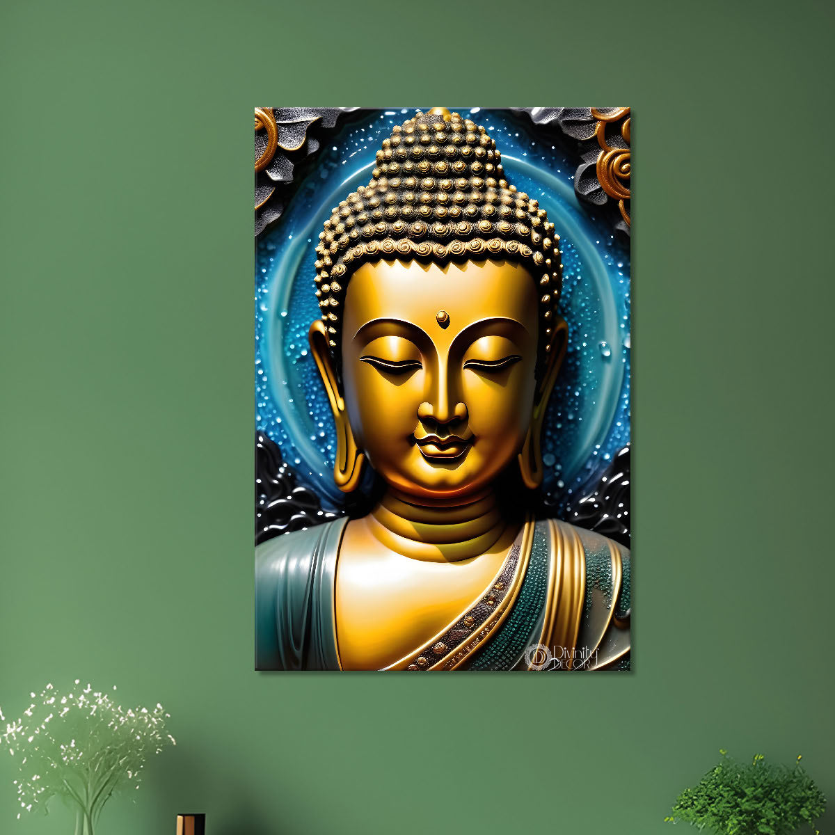 Golden buddha with blue background painting - Buddha-V-85