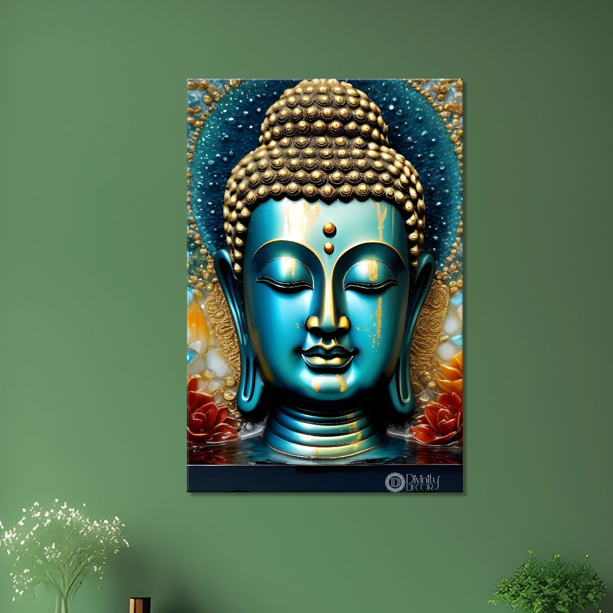 Blue face buddha with blue textured painting - Buddha-V-86