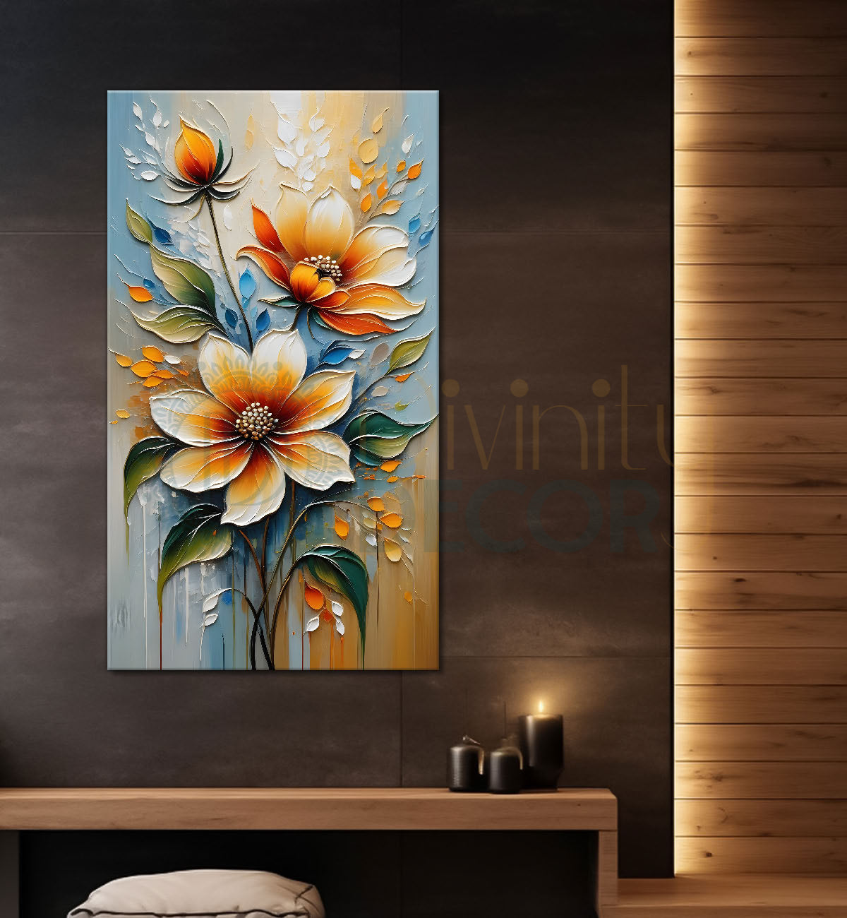 Orange flowers in light grey textured painting - Flower-V-86