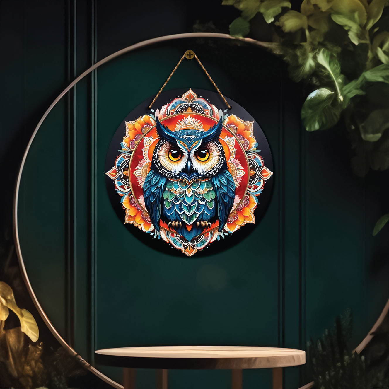 Owl in red and black mandala Round Wooden Wall Hanging for wall Décor - Design - 87