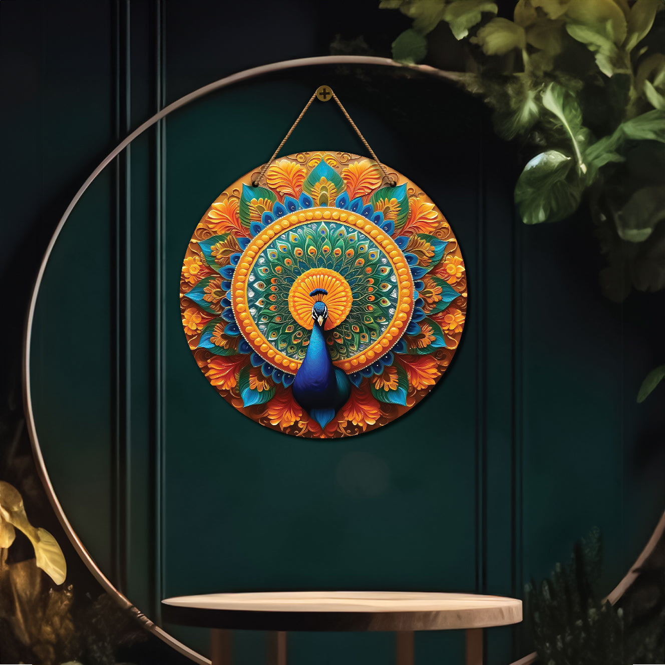 Peacock in orange and green mandala Round Wooden Wall Hanging for wall Décor - Design - 88