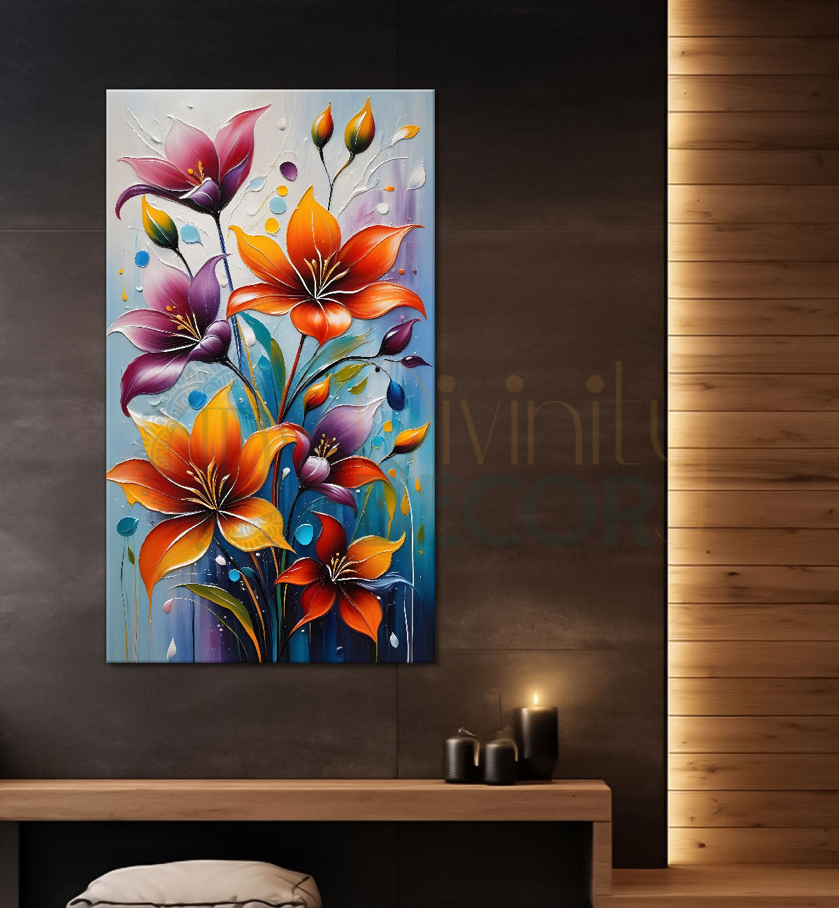 Colourful flowers in light blue textured painting - Flower-V-88