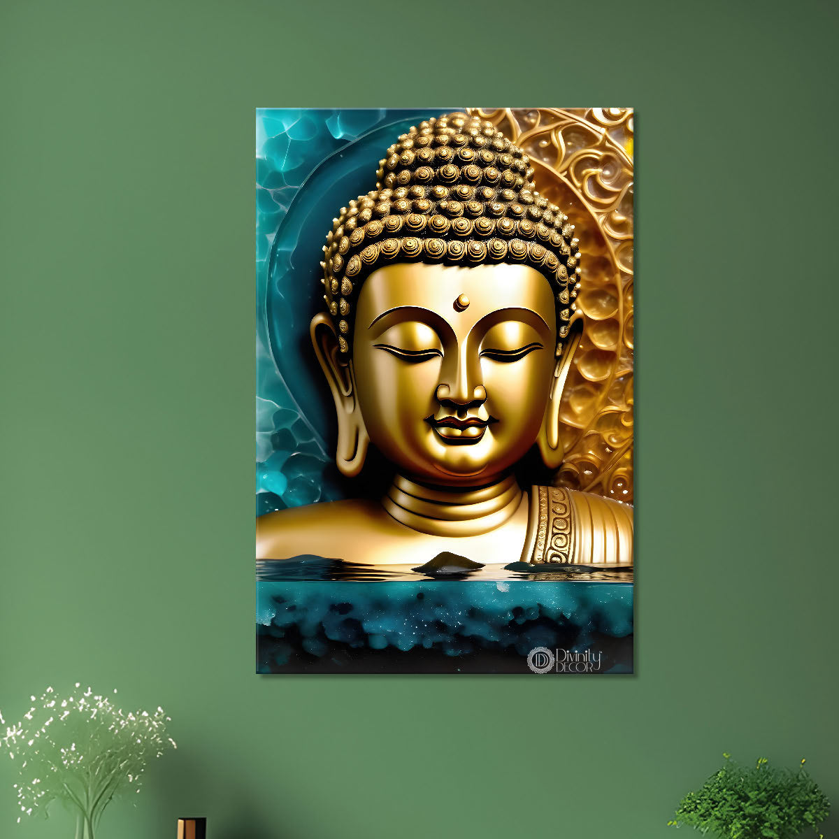 Golden buddha with blue background painting - Buddha-V-88