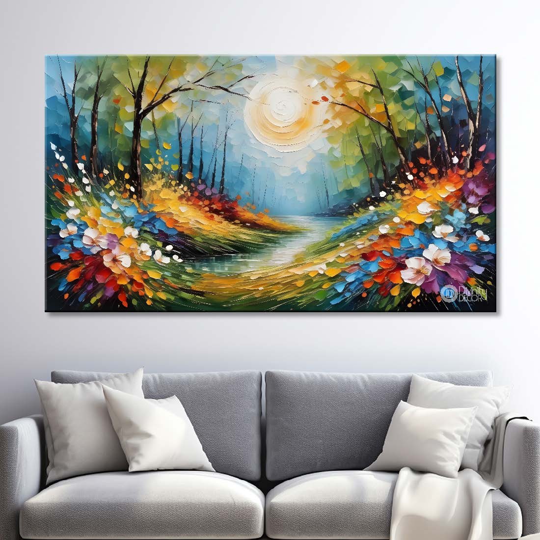 Trees with colorful flowers and sun textured background painting- Design - Flower-89