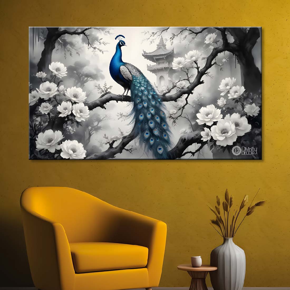 Peacock on the branch with white flowers background textured art