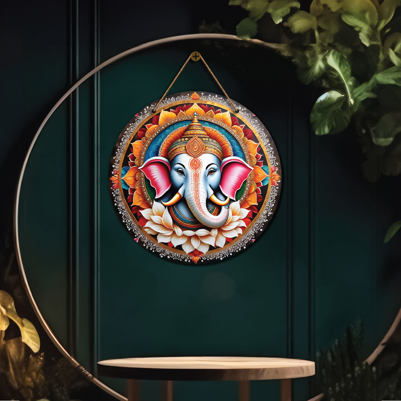 Ganesh Ji in blue and golden mandala Round Wooden Wall Hanging for wall Décor - Design - 89